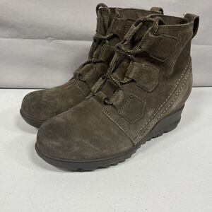 Sorel Evie Lace Major Dark Taupe Gray Brown Suede Wedge Bootie Boots Sz 7